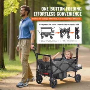wagon stroller for 2 kids, push pull quad collapsible stroller with adjustable handle, encircling harness removable canopy, 4 wheels w/ brakes, mutifunction tandem stroller for camping dark grey