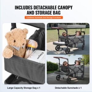 wagon stroller for 2 kids, push pull quad collapsible stroller with adjustable handle, encircling harness removable canopy, 4 wheels w/ brakes, mutifunction tandem stroller for camping dark grey