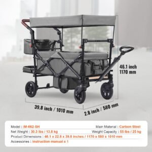 wagon stroller for 2 kids, push pull quad collapsible stroller with adjustable handle, encircling harness removable canopy, 4 wheels w/ brakes, mutifunction tandem stroller for camping dark grey