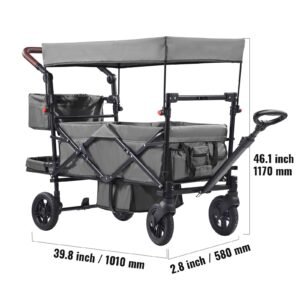 wagon stroller for 2 kids, push pull quad collapsible stroller with adjustable handle, encircling harness removable canopy, 4 wheels w/ brakes, mutifunction tandem stroller for camping dark grey