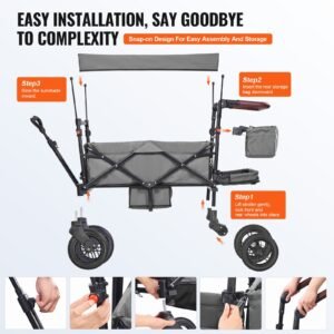wagon stroller for 2 kids, push pull quad collapsible stroller with adjustable handle, encircling harness removable canopy, 4 wheels w/ brakes, mutifunction tandem stroller for camping dark grey