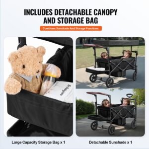 wagon stroller for 2 kids, push pull quad collapsible stroller with adjustable handle, encircling harness removable canopy, 4 wheels with brakes, mutifunction tandem stroller for camping black