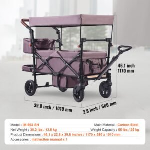 wagon stroller for 2 kids, push pull quad collapsible stroller with adjustable handle, encircling harness removable canopy,4 wheels w/ brakes,mutifunction tandem stroller for camping dark purple