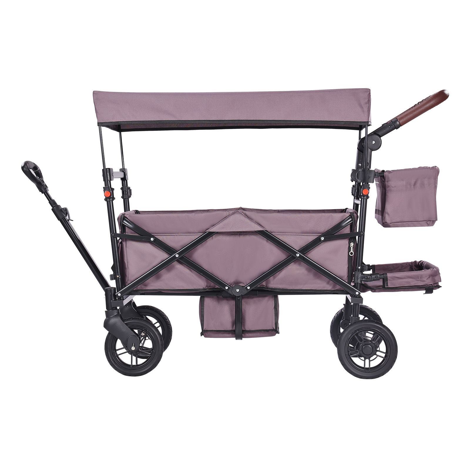 wagon stroller for 2 kids, push pull quad collapsible stroller with adjustable handle, encircling harness removable canopy,4 wheels w/ brakes,mutifunction tandem stroller for camping dark purple