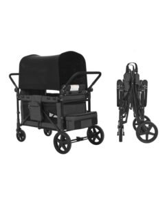 Wagon Stroller for 4 Kids, Push Pull Quad Collapsible Stroller with Adjustable Handle, Safety Harness & Removable Canopy, 4-Seater Stroller Wagon for Camping, Dark Gray & Black (330LBS Loading)