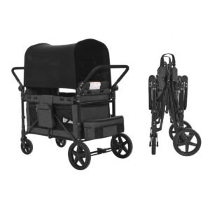 wagon stroller for 4 kids, push pull quad collapsible stroller with adjustable handle, safety harness & removable canopy, 4 seater stroller wagon for camping, dark gray & black (330lbs loading)