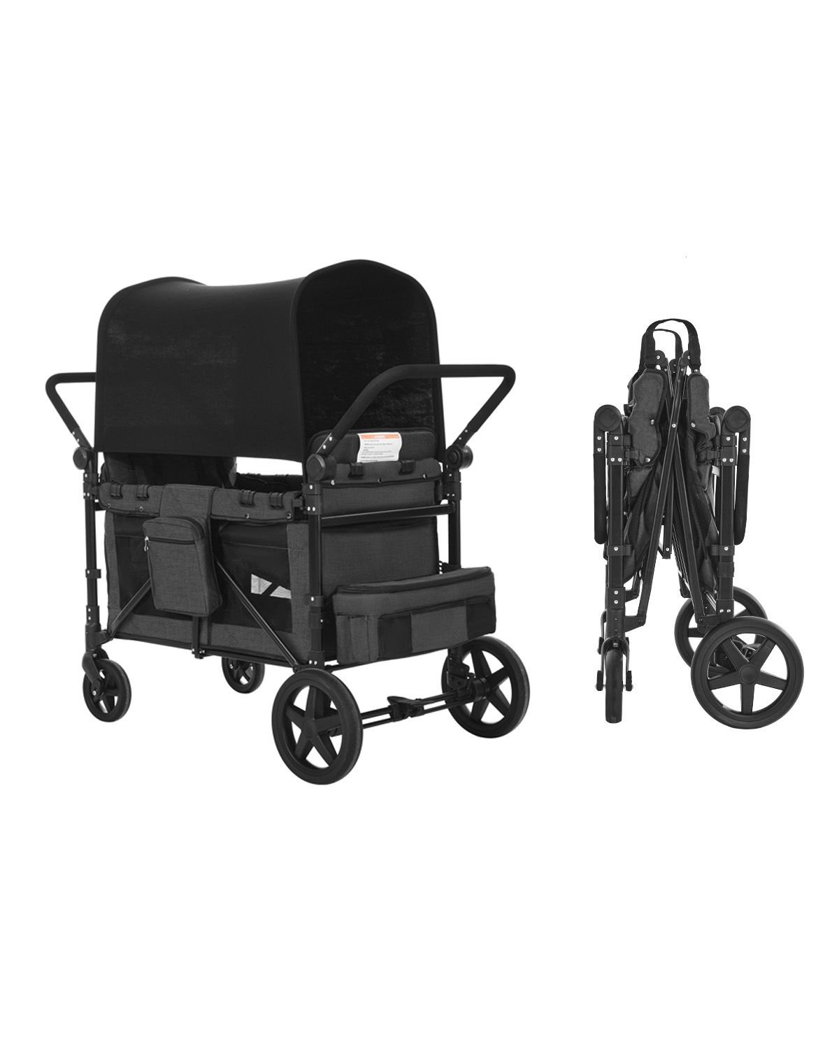 wagon stroller for 4 kids, push pull quad collapsible stroller with adjustable handle, safety harness & removable canopy, 4 seater stroller wagon for camping, dark gray & black (330lbs loading)
