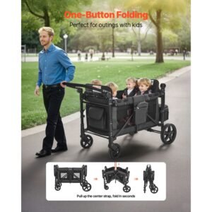 wagon stroller for 4 kids, push pull quad collapsible stroller with adjustable handle, safety harness & removable canopy, 4 seater stroller wagon for camping, dark gray & black (330lbs loading)