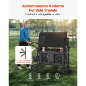 wagon stroller for 4 kids, push pull quad collapsible stroller with adjustable handle, safety harness & removable canopy, 4 seater stroller wagon for camping, dark gray & black (330lbs loading)