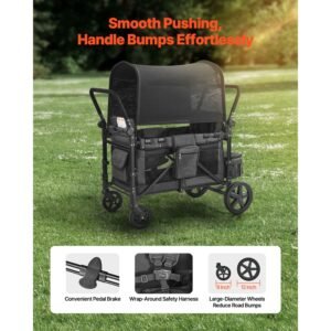 wagon stroller for 4 kids, push pull quad collapsible stroller with adjustable handle, safety harness & removable canopy, 4 seater stroller wagon for camping, dark gray & black (330lbs loading)