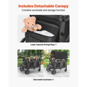 wagon stroller for 4 kids, push pull quad collapsible stroller with adjustable handle, safety harness & removable canopy, 4 seater stroller wagon for camping, dark gray & black (330lbs loading)