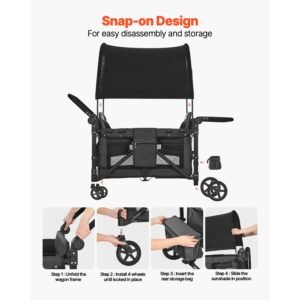 wagon stroller for 4 kids, push pull quad collapsible stroller with adjustable handle, safety harness & removable canopy, 4 seater stroller wagon for camping, dark gray & black (330lbs loading)