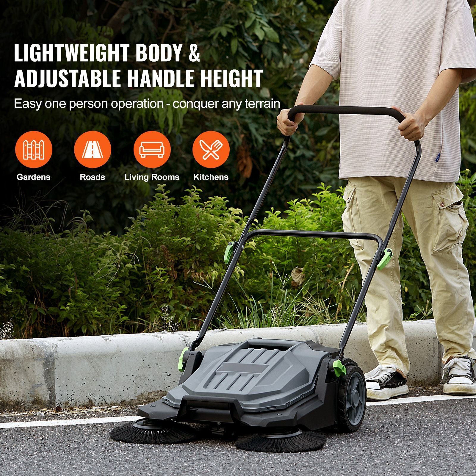 walk behind hand push floor sweeper, 25.6" sweeping width floor sweeper manual non electric, 5 gallon waste container, angle & height adjustable folding handle for walkway, yard, garage, patio