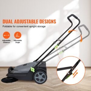 walk behind hand push floor sweeper, 25.6" sweeping width floor sweeper manual non electric, 5 gallon waste container, angle & height adjustable folding handle for walkway, yard, garage, patio