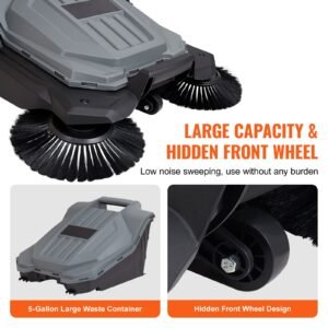 walk behind hand push floor sweeper, 25.6" sweeping width floor sweeper manual non electric, 5 gallon waste container, angle & height adjustable folding handle for walkway, yard, garage, patio