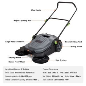 walk behind hand push floor sweeper, 25.6" sweeping width floor sweeper manual non electric, 5 gallon waste container, angle & height adjustable folding handle for walkway, yard, garage, patio