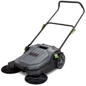 walk behind hand push floor sweeper, 25.6" sweeping width floor sweeper manual non electric, 5 gallon waste container, angle & height adjustable folding handle for walkway, yard, garage, patio