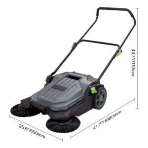 walk behind hand push floor sweeper, 25.6" sweeping width floor sweeper manual non electric, 5 gallon waste container, angle & height adjustable folding handle for walkway, yard, garage, patio
