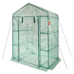 walk in green house, 4.6 x 2.4 x 6.7 ft, greenhouse with shelves, high strength pe cover with doors, windows and steel frame, set up in minutes, for planting and storage