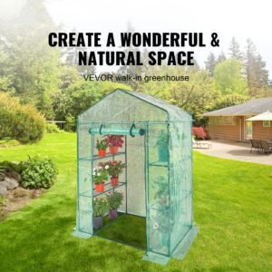walk in green house, 4.6 x 2.4 x 6.7 ft, greenhouse with shelves, high strength pe cover with doors, windows and steel frame, set up in minutes, for planting and storage