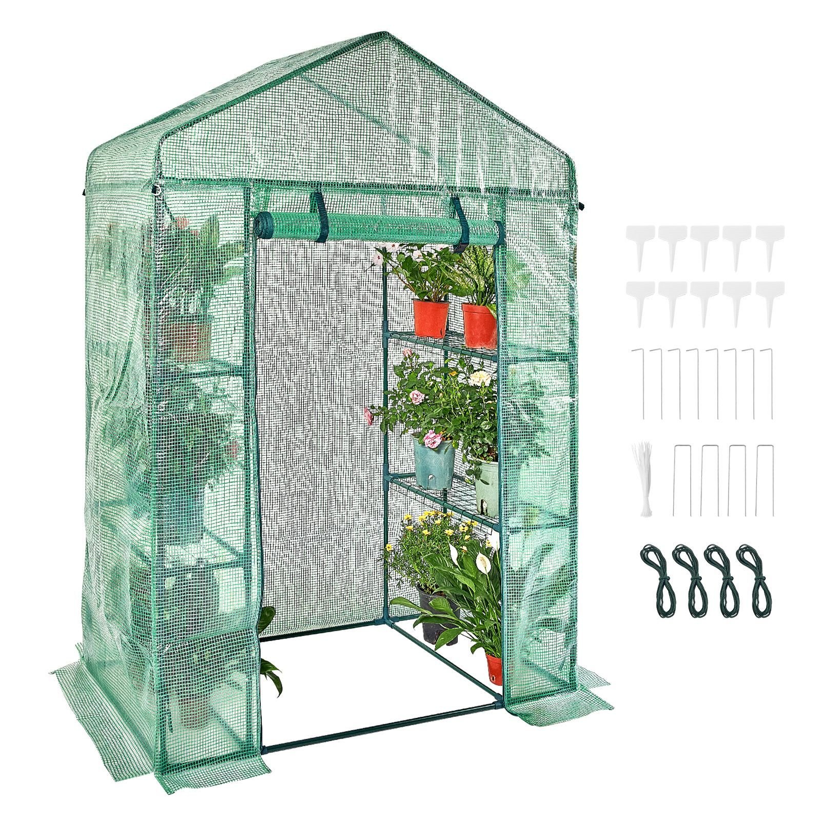 walk in green house, 4.6 x 2.4 x 6.7 ft, greenhouse with shelves, high strength pe cover with doors, windows and steel frame, set up in minutes, for planting and storage