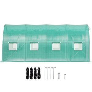 walk in tunnel greenhouse, 15 x 7 x 7 ft portable plant hot house with galvanized steel hoops, 1 top beam, diagonal poles, zippered door & 8 roll up windows, green