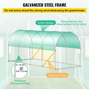 Walk-in Tunnel Greenhouse, 15 x 7 x 7 ft Portable Plant Hot House with Galvanized Steel Hoops, 1 Top Beam, Diagonal Poles, Zippered Door & 8 Roll-up Windows, Green