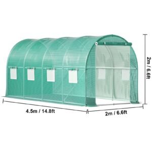 walk in tunnel greenhouse, 15 x 7 x 7 ft portable plant hot house with galvanized steel hoops, 1 top beam, diagonal poles, zippered door & 8 roll up windows, green