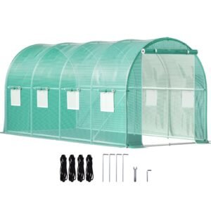 walk in tunnel greenhouse, 15 x 7 x 7 ft portable plant hot house with galvanized steel hoops, 1 top beam, diagonal poles, zippered door & 8 roll up windows, green