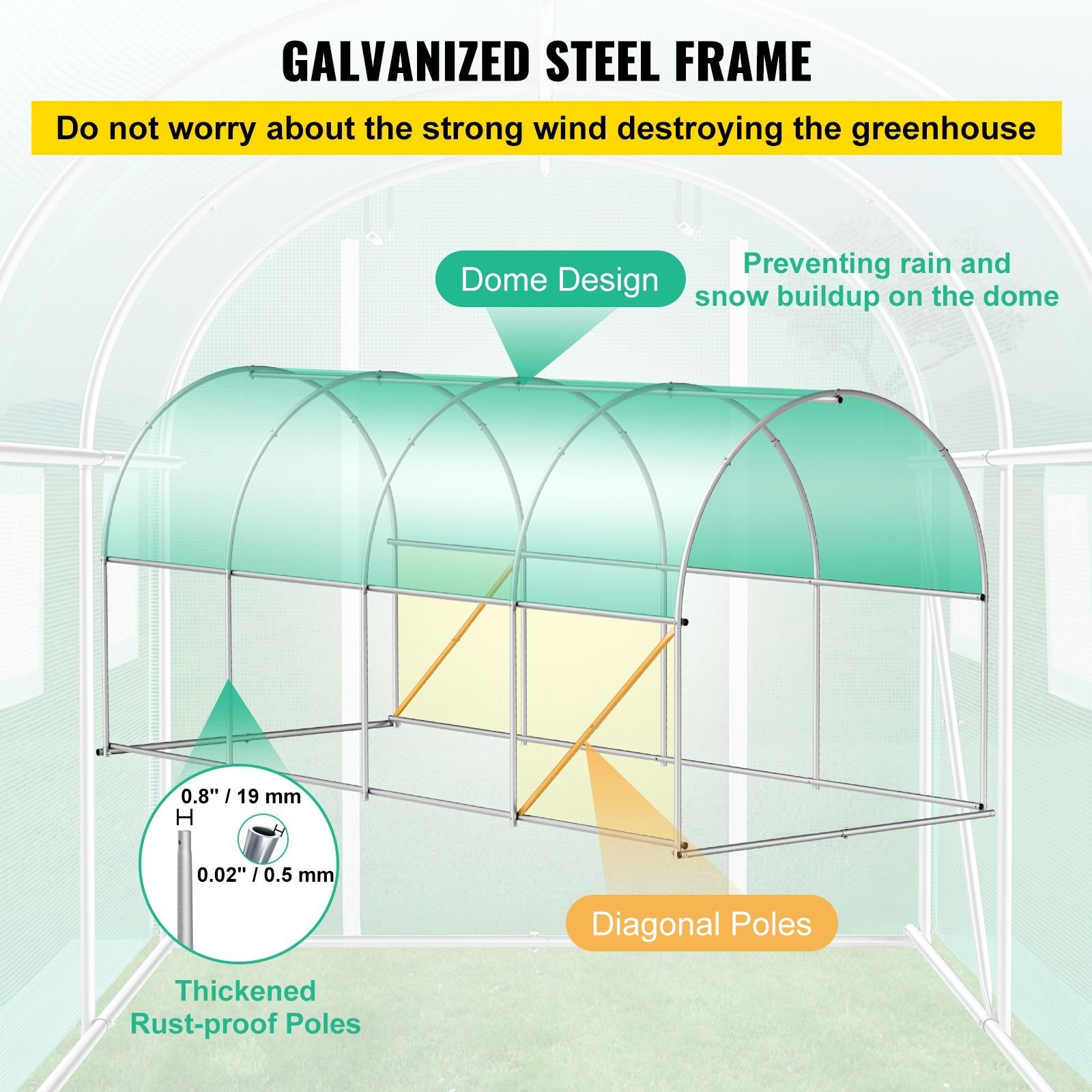 walk in tunnel greenhouse, 15 x 7 x 7 ft portable plant hot house with galvanized steel hoops, 1 top beam, diagonal poles, zippered door & 8 roll up windows, green