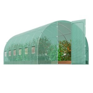 Walk-in Tunnel Greenhouse, 19.4x9.7x7.4 ft Hoop House Greenhouse Tunnel, Plant Hot House with Galvanized Steel Frame, Green PE Cover, Swing Door and 12 Roll-up Windows for Outdoor