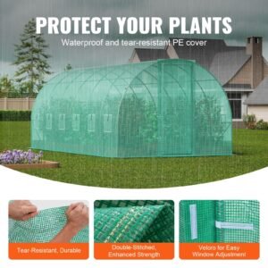 walk in tunnel greenhouse, 19.4x9.7x7.4 ft hoop house greenhouse tunnel, plant hot house with galvanized steel frame, green pe cover, swing door and 12 roll up windows for outdoor