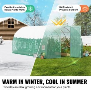 walk in tunnel greenhouse, 19.4x9.7x7.4 ft hoop house greenhouse tunnel, plant hot house with galvanized steel frame, green pe cover, swing door and 12 roll up windows for outdoor