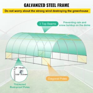 Walk-in Tunnel Greenhouse, 20 x 10 x 7 ft Portable Plant Hot House with Galvanized Steel Hoops, 3 Top Beams, Diagonal Poles, 2 Zippered Doors & 12 Roll-up Windows, Green