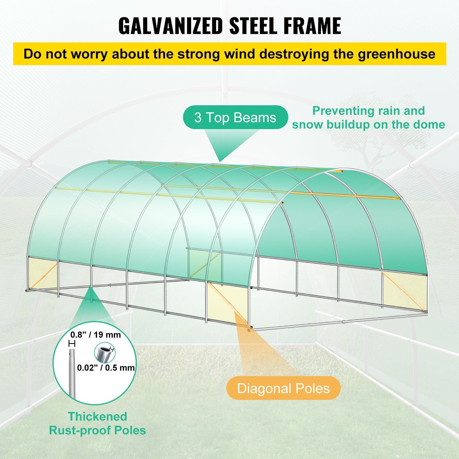 walk in tunnel greenhouse, 20 x 10 x 7 ft portable plant hot house with galvanized steel hoops, 3 top beams, diagonal poles, 2 zippered doors & 12 roll up windows, green
