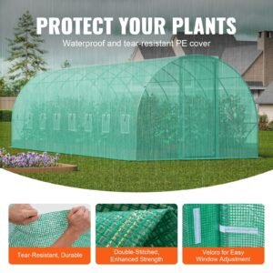 walk in tunnel greenhouse, 27.4x9.5x7.4 ft hoop house greenhouse tunnel, plant hot house with galvanized steel frame, green pe cover, swing door and 16 roll up windows for outdoor