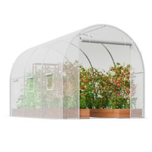 Walk-in Tunnel Greenhouse, 9.6x6.4x6.2 ft Hoop House Greenhouse Tunnel, Plant Hot House with Galvanized Steel Frame, White PE Cover, Roll-up Zipper Door and 6 Windows for Outdoor