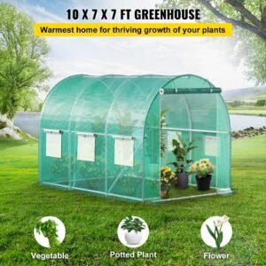 Walk-in Tunnel Greenhouse, 9.8 x 6.6 x 6.6 ft Portable Plant Hot House with Galvanized Steel Hoops, 1 Top Beam, Diagonal Poles, Zippered Door & 6 Roll-up Windows, Green