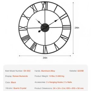 wall clock, 24 in wall clock roman numerals, battery operated non ticking silent classic decorative round clocks, for living room bedroom office kitchen dining room home decor farmhouse, black