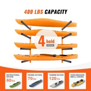 wall kayak storage rack, 4 capacity wall mounted kayak holders for kayak canoe paddle board, kayak storage hooks with adjustable padded arms, 400 lbs load kayak hanger for indoor outdoor garage