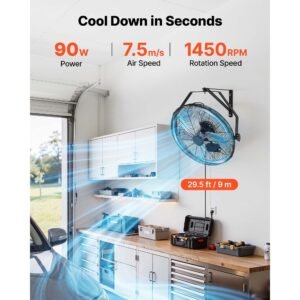 wall mount fan, 18 in wall mounted hanging fan with ip44 rated protection, 3 speed, long airflow distance, adjustable rotation angle, powerful for industry, commercial, garage, workshop, 2 pack