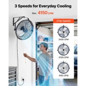 wall mount fan, 18 in wall mounted hanging fan with ip44 rated protection, 3 speed, long airflow distance, adjustable rotation angle, powerful for industry, commercial, garage, workshop, 2 pack