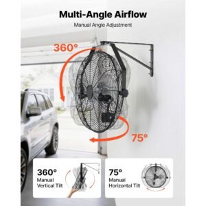wall mount fan, 18 in wall mounted hanging fan with ip44 rated protection, 3 speed, long airflow distance, adjustable rotation angle, powerful for industry, commercial, garage, workshop, 2 pack