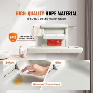 wall mounted baby changing station, horizontal foldable diaper change table with safety straps and hanging rods, use in commercial bathrooms, daycare centers for newborns & infant