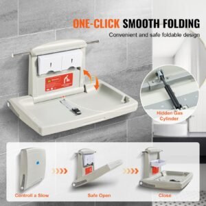 wall mounted baby changing station, horizontal foldable diaper change table with safety straps and hanging rods, use in commercial bathrooms, daycare centers for newborns & infant