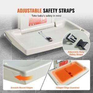 wall mounted baby changing station, horizontal foldable diaper change table with safety straps and hanging rods, use in commercial bathrooms, daycare centers for newborns & infant