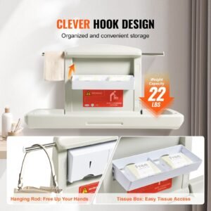wall mounted baby changing station, horizontal foldable diaper change table with safety straps and hanging rods, use in commercial bathrooms, daycare centers for newborns & infant