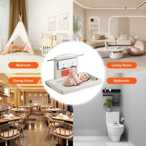 wall mounted baby changing station, horizontal foldable diaper change table with safety straps and hanging rods, use in commercial bathrooms, daycare centers for newborns & infant