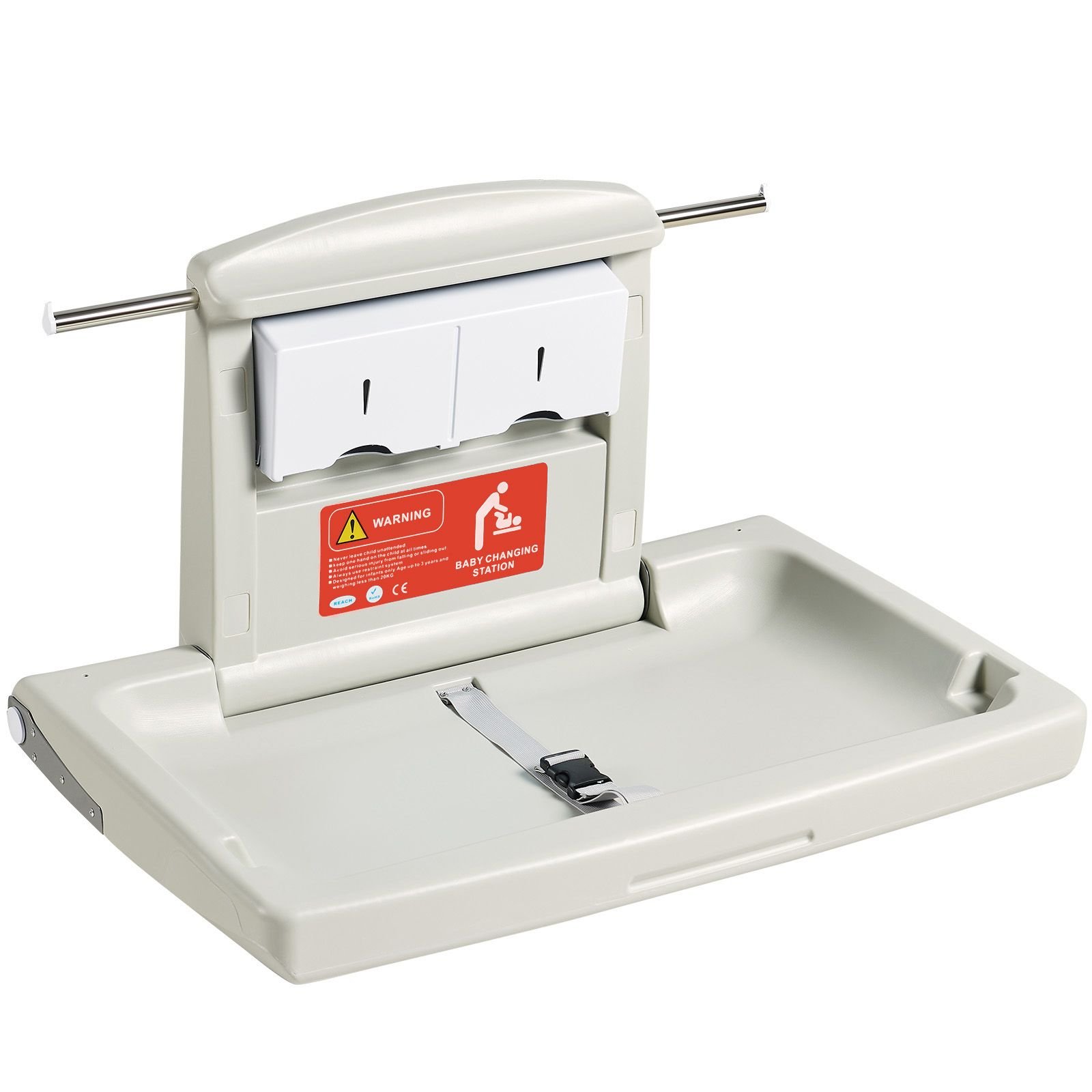 wall mounted baby changing station, horizontal foldable diaper change table with safety straps and hanging rods, use in commercial bathrooms, daycare centers for newborns & infant