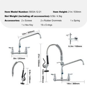 wall mounted brass kitchen faucet, 21" tall, 8" installation width, includes 12" rotating spout and pull down sprayer, suitable for single, double, or triple sinks